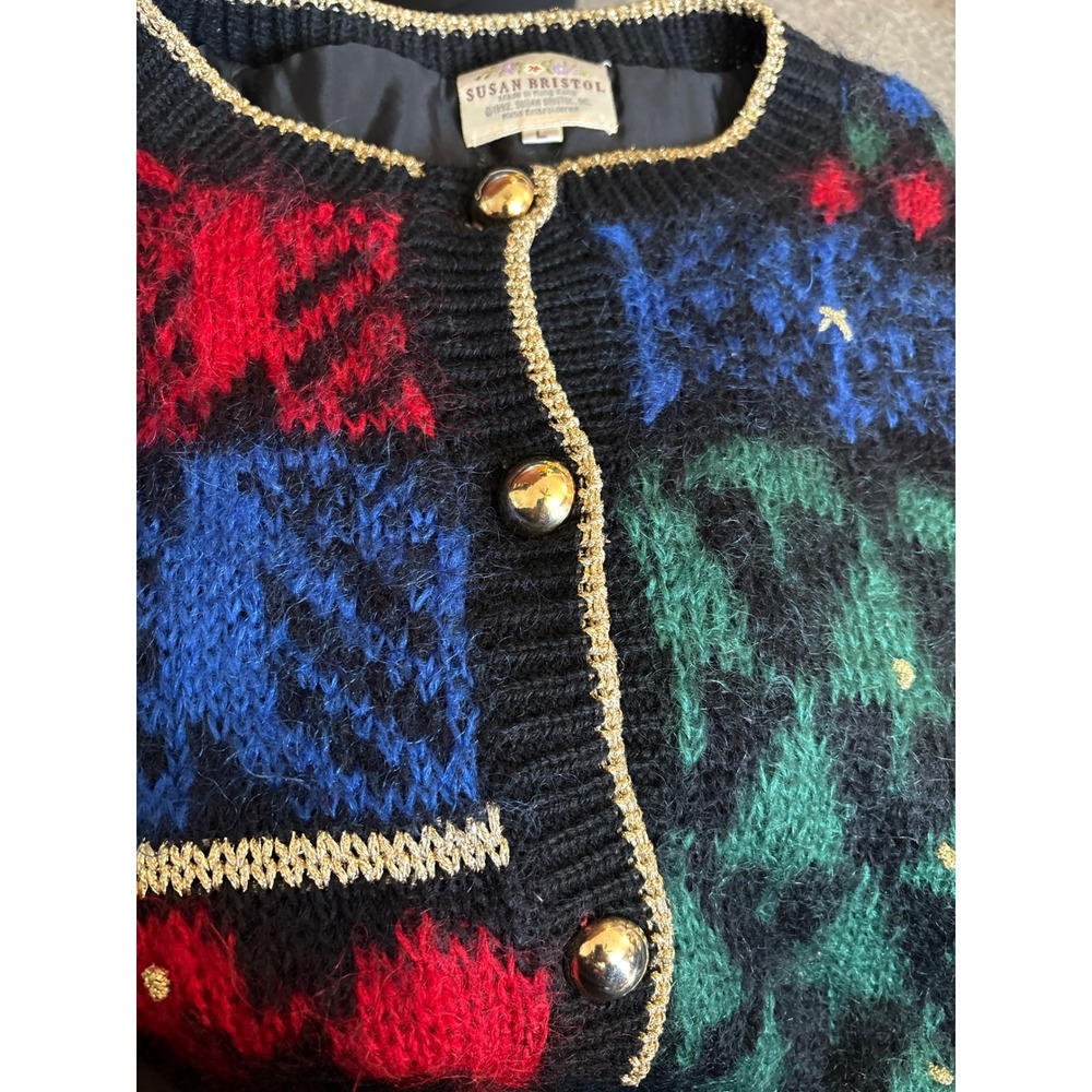 VTG  Susan Bristol Large Hand Embroidered Wool Blend Christmas Cardigan Sweater